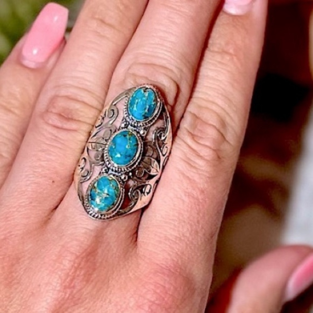 Vintage Handmade Genuine Turquoise Ring Solid 925 Sterling Silver Filigree Ring